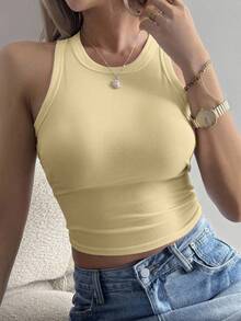 DAZY Women's Cream Yellow Fitted Ribbed Crew Neck Camisole, Summer Thin Clothing - Yellow - View 3