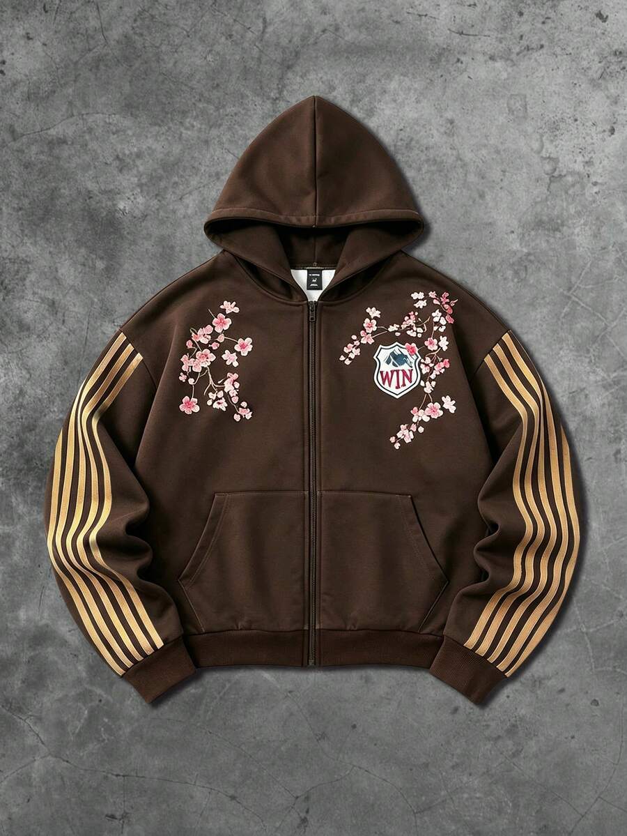 ROMWE MEN Street Life Men's Colorblock Striped Floral Print Hoodie - Coffee Brown - View 1
