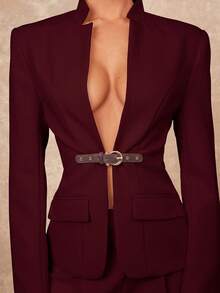 Lumalex Early Spring High Collar, Front Mid-Deep V-Neck, Contrast Color Leather Button - Burgundy - View 6