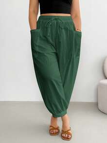 Shapeblank Pantalones largos de talla grande para mujer, unicolor, cintura con cordón, casual, versátil, para uso diario - Verde Oscuro - Ver 3