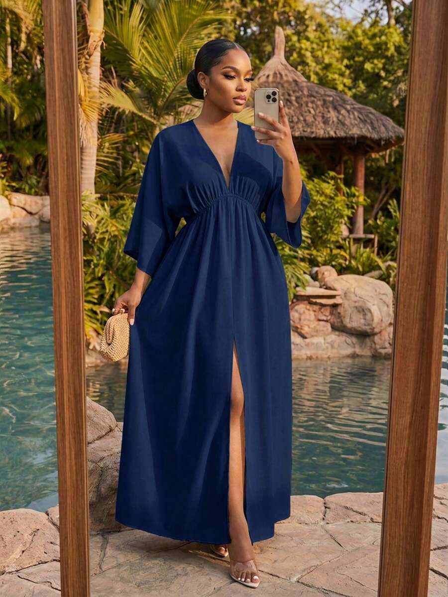 SHEIN Lady CURVE 女款純色超長休閒熱帶風優雅度假洋裝,適合晚餐、度假、早午餐、約會之夜,海軍藍,秋季 - 藏蓝色 - 查看 1