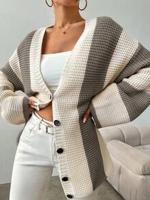 SHEIN Women's Color Block Batwing Sleeve Cardigan Without Belt - Mocha Brown - View 4