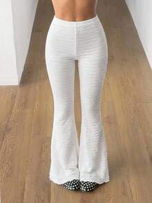 SHEIN MOD Women's Solid Color Textured Flare Leg Pants - White - View 2