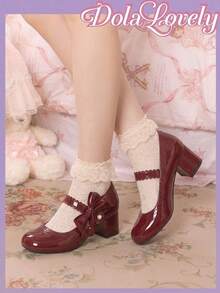 Dola Lovely Women's Shoes, Pink, Mary Jane, Bow Decoration, Lolita Wears Sweet Japanese JK Uniform Shoes, Thick Heels And High Heels. - Burgundy + Bow - View 7