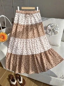 Comfortcana Plus Size Women's Ditsy Floral Waist Tie Ruffle Hem Skirt For Vacation - Khaki - View 5