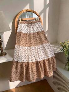 Comfortcana Plus Size Women's Ditsy Floral Waist Tie Ruffle Hem Skirt For Vacation - Khaki - View 8