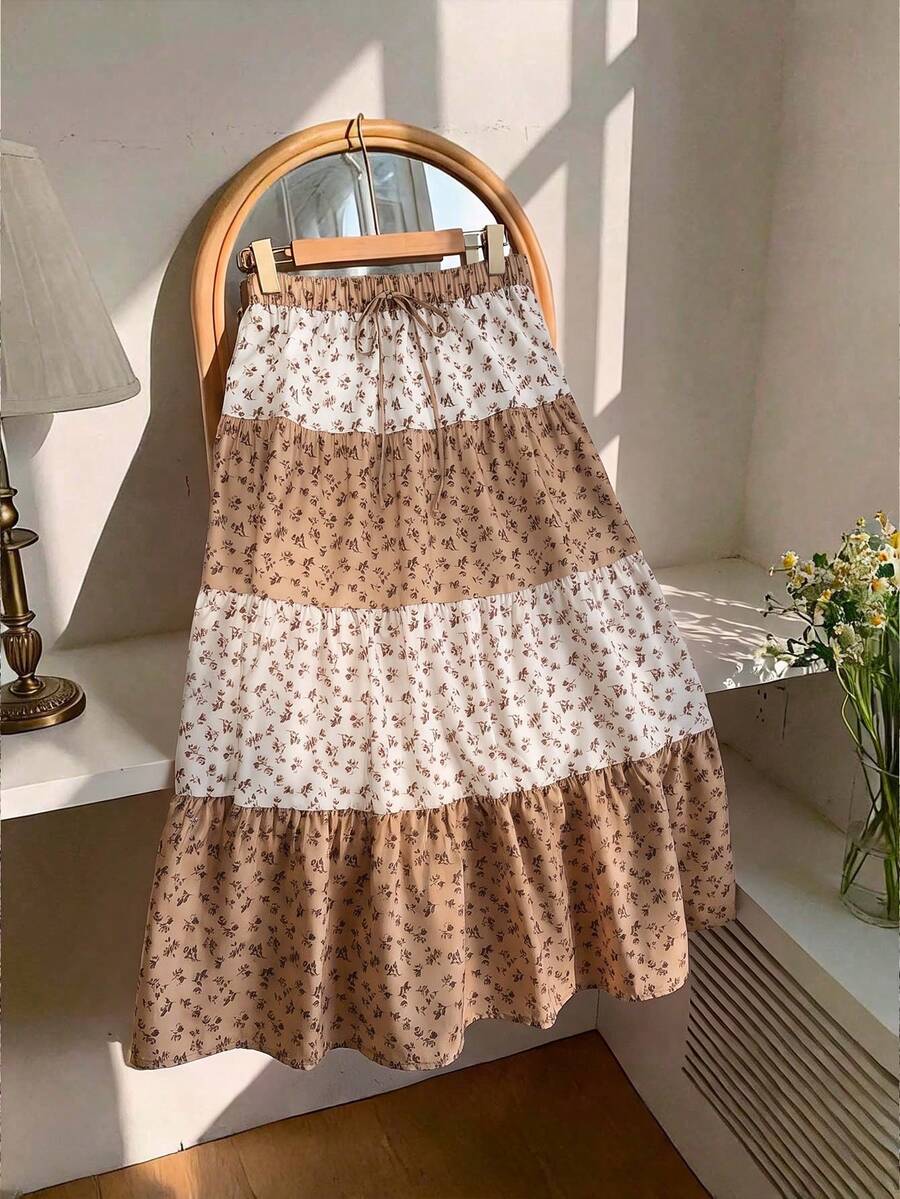 Comfortcana Plus Size Women's Ditsy Floral Waist Tie Ruffle Hem Skirt For Vacation - Khaki - View 1