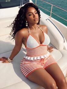 Slaydiva Plus Size Women's Striped Halter Knit Top And Knit Shorts Set, Casual Basic Style For Birthday Party, Daily Wear, Vacation, Cruise, Beach Summer - Orange - View 6