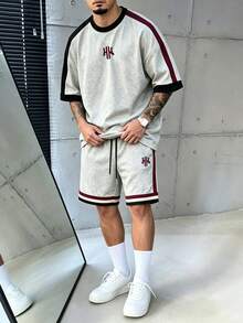 Sport MetroGents 男士字母印花拼色短袖上衣與短褲休閒日常運動套裝 - 彩色 - 查看 3