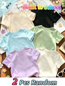 SHEIN (隨機發貨 2/6 款) 返校季女童幼兒基礎款短袖 T 恤，彩色鉛筆、書本、背包、巴士、花朵、蝴蝶結、笑臉、豹紋、波點圖案 - 彩色 - 查看 2