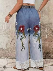 EMERY ROSE Plus Size Ombre Print Knotted Lace Patchwork Casual Wide Leg Pants Fall - Multicolor - View 2