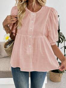 Yunfilé Women's Half Open Placket Button Down Blouse, Fashion For Summer - Pink - View 4