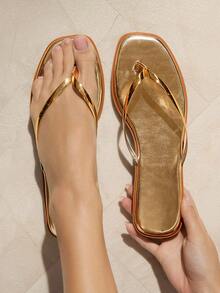 VACAZURE UrbanLuxe Women's Electroplated Gold TPU Strap Gold Flip-Flops – Minimalist, Glossy & Comfortable Summer Essential. - Gold - View 2