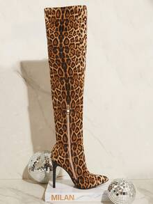 SHUZIA Faux Suede Leopard Print Knee High Heel Boots Holiday Vacay Vibe For Summer Shoes Spring Shoes Spring Break Easter For Christmas - Multicolor - View 2