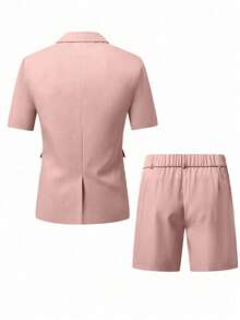 Manfinity Mode Herr sommar kortärmad formell blazer & kostymshorts, lämplig för dagliga affärsfester, ceremonier - Rosa - Visa 2