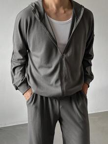 DAZY Spring/Autumn Waffle Texture Fabric Zipper Sleeve Patch Pocket Elastic Waist Pants Loose Fit Men's Jacket Set - Grey - View 5