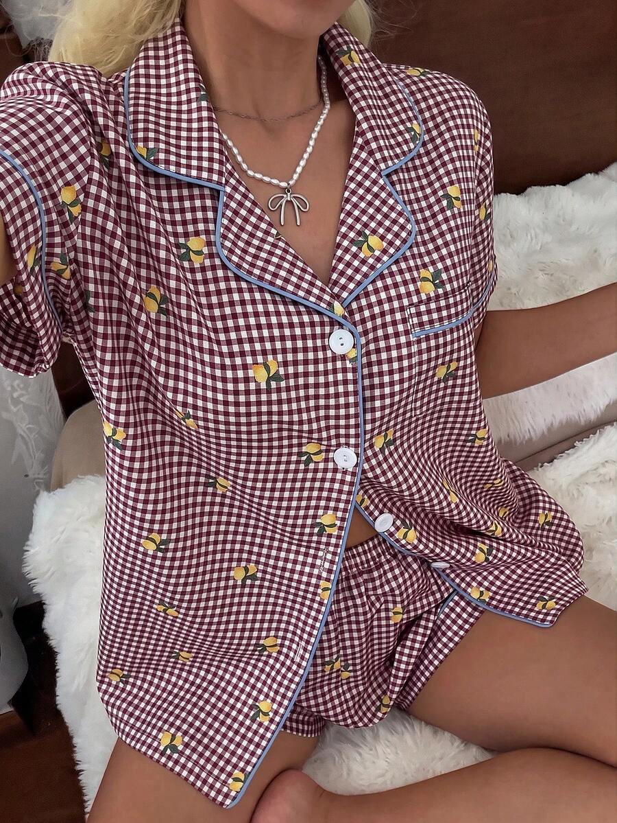 CottageSlumber Women's New Lemon Plaid Print Button-Front Short Sleeve Shorts Pajama Set - Burgundy - View 1