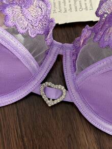 Divavoom Women's Sexy Hollow Lace Striped Satin Non-See-Through Underwire Bra And T-Back Panty Lingerie Set, 2 Pieces - Purple - View 3
