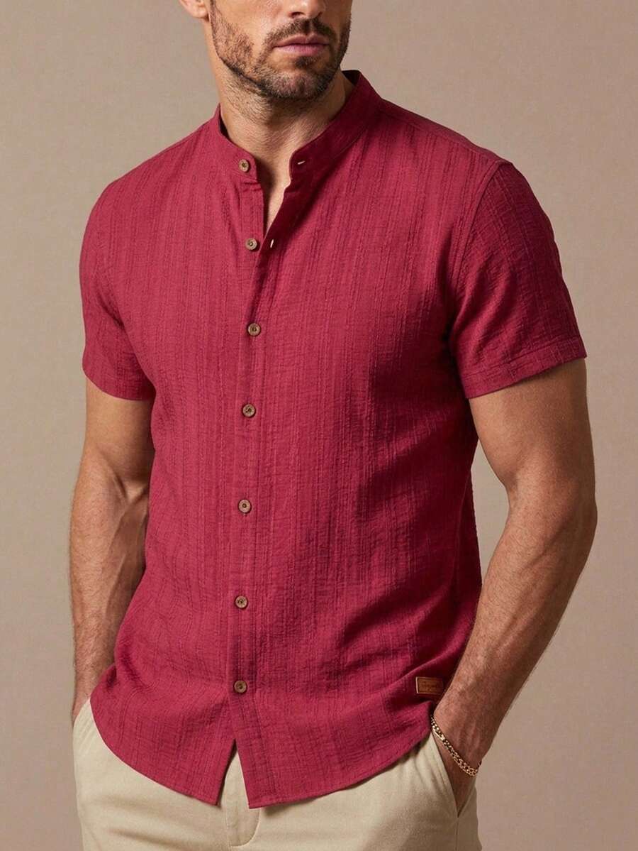 HIMLAND Kemeja Pria Ukuran Besar Kasual Musim Panas Warna Polos Kerah Tegak Ukuran Kecil - Burgundy - View 1