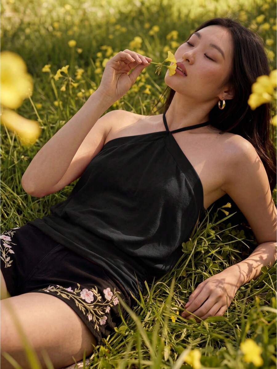 Willow Rêve 女款黑色針織細肩帶背心上衣,休閒度假風夏季上衣,黑色女款夏季背心,優雅女式上衣 - 黑色 - 查看 1