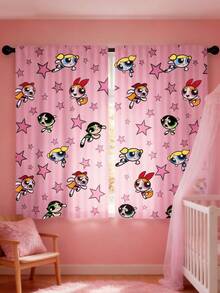 THE POWERPUFF GIRLS X SHEIN 2 Pieces, Cartoon Girl Star Letter Pattern Printing 2 Panel Small Curtains, Suitable For Living Room, Bathroom, Kitchen, Coffee Room, RV Rod Pocket Curtain Decoration, Universal Small Curtain In All Seasons - multicolor - View 1
