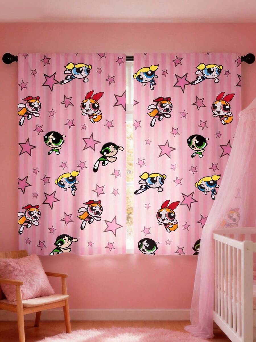 THE POWERPUFF GIRLS X SHEIN 2 Pieces, Cartoon Girl Star Letter Pattern Printing 2 Panel Small Curtains, Suitable For Living Room, Bathroom, Kitchen, Coffee Room, RV Rod Pocket Curtain Decoration, Universal Small Curtain In All Seasons - multicolor - View 1