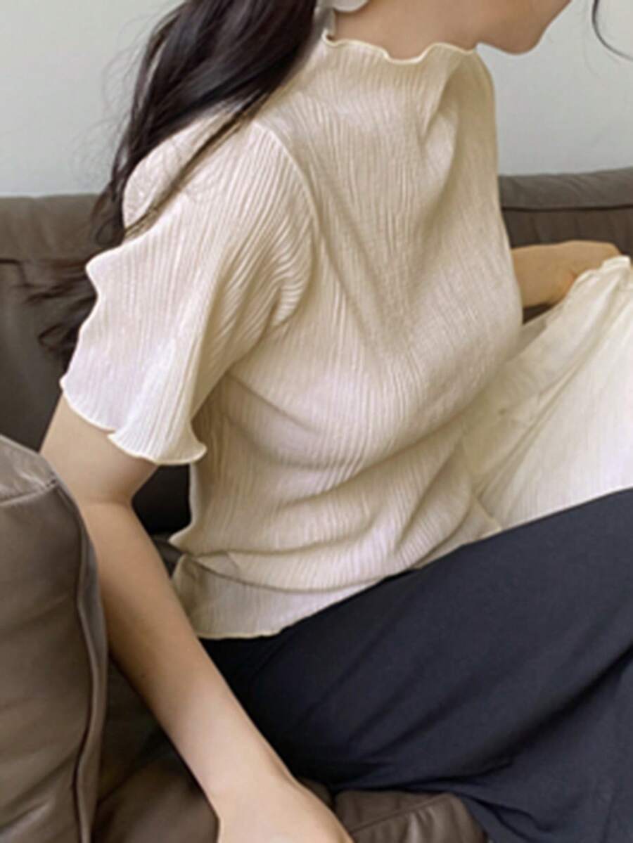 DAZY 女款純色紋理布料高領短袖修身白色襯衫，春夏薄款衣著 - 杏色 - 查看 1