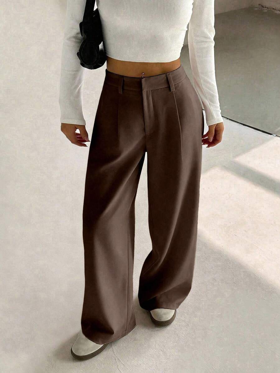 Flirla Women's Premium Elegant Slimming Casual Wide-Leg Pants Fall Cloth For Women - Brown - View 1