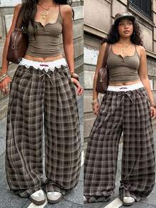 SHEIN Tall CURVE Women's Plus Size Plaid Casual Versatile Wide Leg Pants For Daily Wear Fall - Brown - View 9