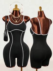 Mistrie Women's Seamless Sports Yoga Tank Top & Shorts Jumpsuit/Color Block Design/Fashionable & Sexy/Comfortable/Versatile - Black - View 1