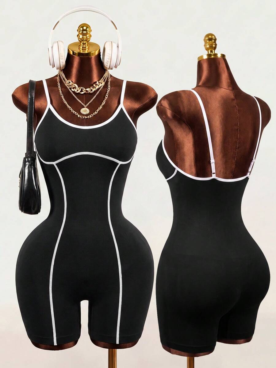 Mistrie Women's Seamless Sports Yoga Tank Top & Shorts Jumpsuit/Color Block Design/Fashionable & Sexy/Comfortable/Versatile - Black - View 1