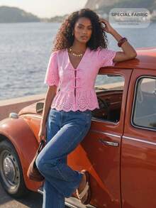 CAJUNI Vacation Casual Solid Color Hollow Embroidery Tie-Front Shirt - Pink - View 6