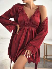 SilkySpell Contrast Lace Satin Slip Sleep Dress With Belted Robe Pajama Set, Fall Winter Clothes - Burgundy - View 4