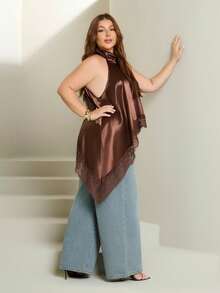 Lele Munniz Atasan Halter Leher Satin Cokelat Ukuran Plus Wanita, Blus Longgar Elegan dengan Hiasan Renda, Gaya Urban Terbaru untuk Kencan Malam Musim Gugur, Atasan Cokelat Musim Semi yang Nyaman - Coklat - View 4