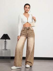 SHEIN Tall Women's High Waist Pocket Wide Leg Loose Casual Denim Jeans - Brown - View 5
