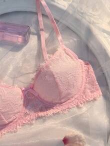 Crystal Vow 1pc Sweet Pink Eyelash Lace Deep V-Neck Bra With Bow Front And Spaghetti Strap Women's Lingerie - Baby Pink - View 6