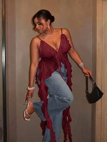 Sassy Hour Plus Size Sexy Ruffle Camisole Blouse, Summer Club Party Burgundy - Red - View 7