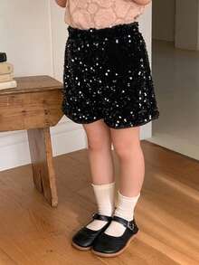 Dazy Kids Celana Pendek Fashion Anak Perempuan Warna Hitam Beludru Berpayet, Musim Gugur - Hitam - View 4