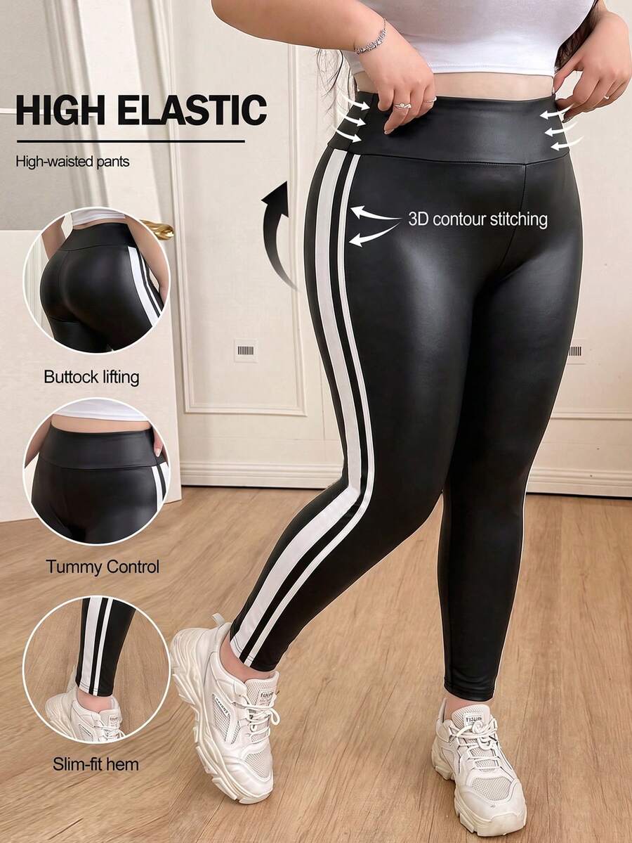 SHEIN EZwear 大尺碼女款拼色高腰休閒百搭日常穿著緊身內搭褲 - 黑色 - 查看 1