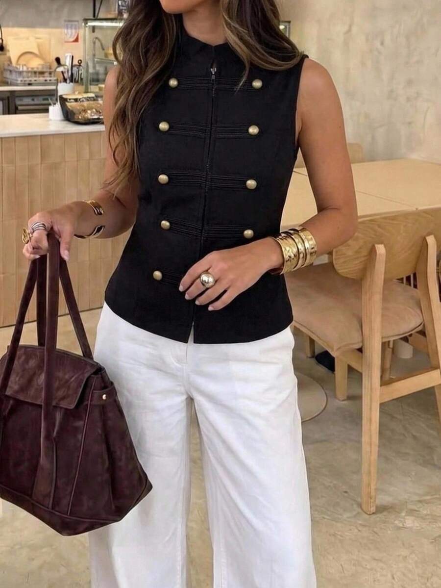 Aloruh Women's Zipper Placket Button Design Suit Vest Fall For Women Autumn Black Napoleonic-Style Vest