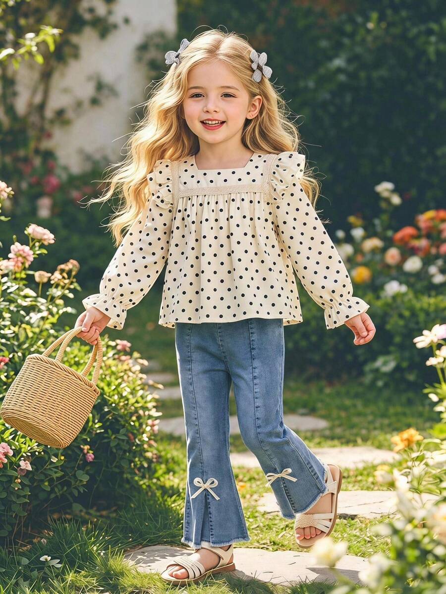 SHEIN 2pcs/Set Blus Lengan Panjang Kerah Persegi Motif Polkadot Berenda + Celana Panjang Jeans Model Flare dengan Hiasan Pita untuk Anak Perempuan, Musim Gugur - Aprikot - View 1