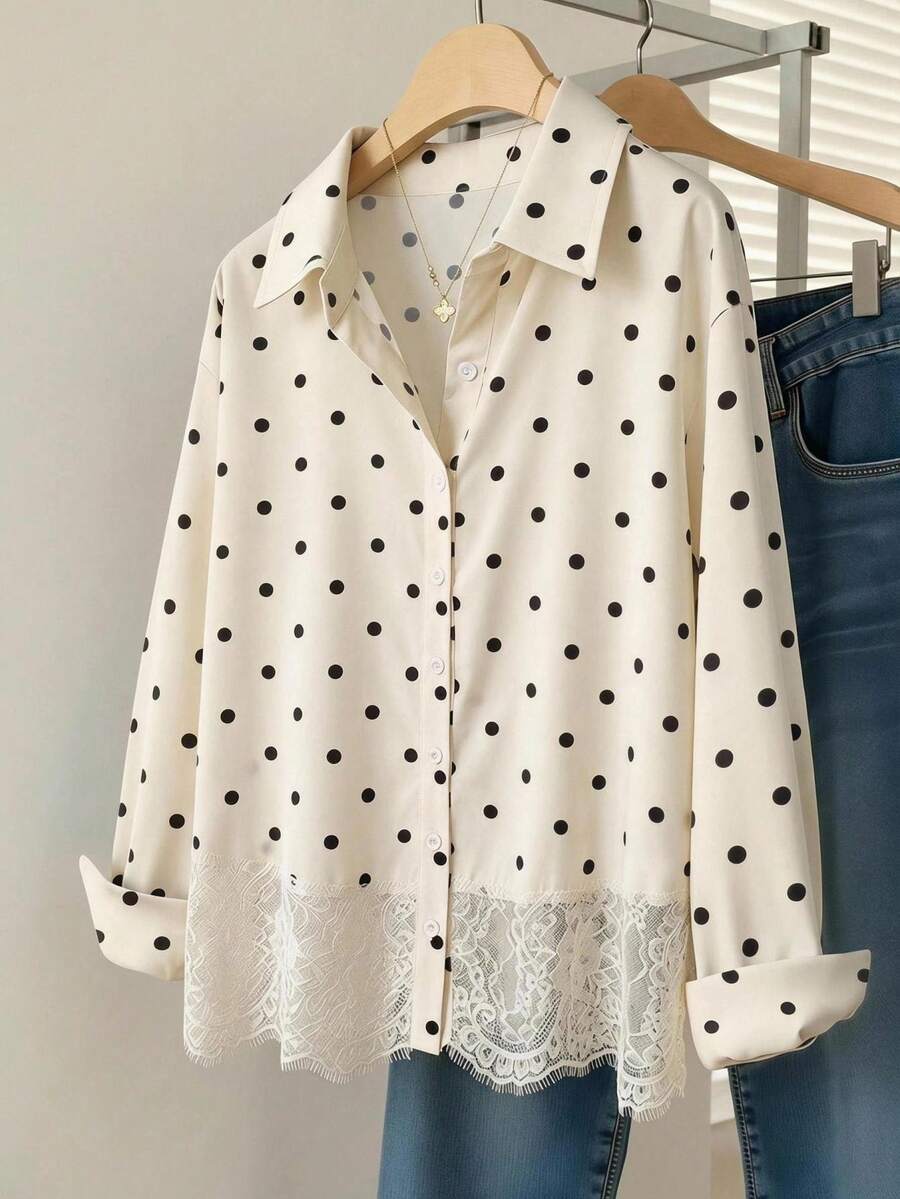 Muvela 女款波點圖案對比蕾絲下擺長袖襯衫