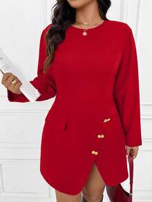 SHEIN Frenchy Elegant Minimalist Red Metal Buckle Waist A-Line Plus Size Dress, Suitable For Office, Commute, Party, Gathering, New Year, Christmas Fall - Red - View 8