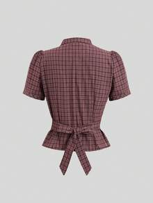 Sweetra Vintage Colorblock Plaid Short Sleeve Shirt For Women, New Tie-Cinched Waist Top - Red - View 2