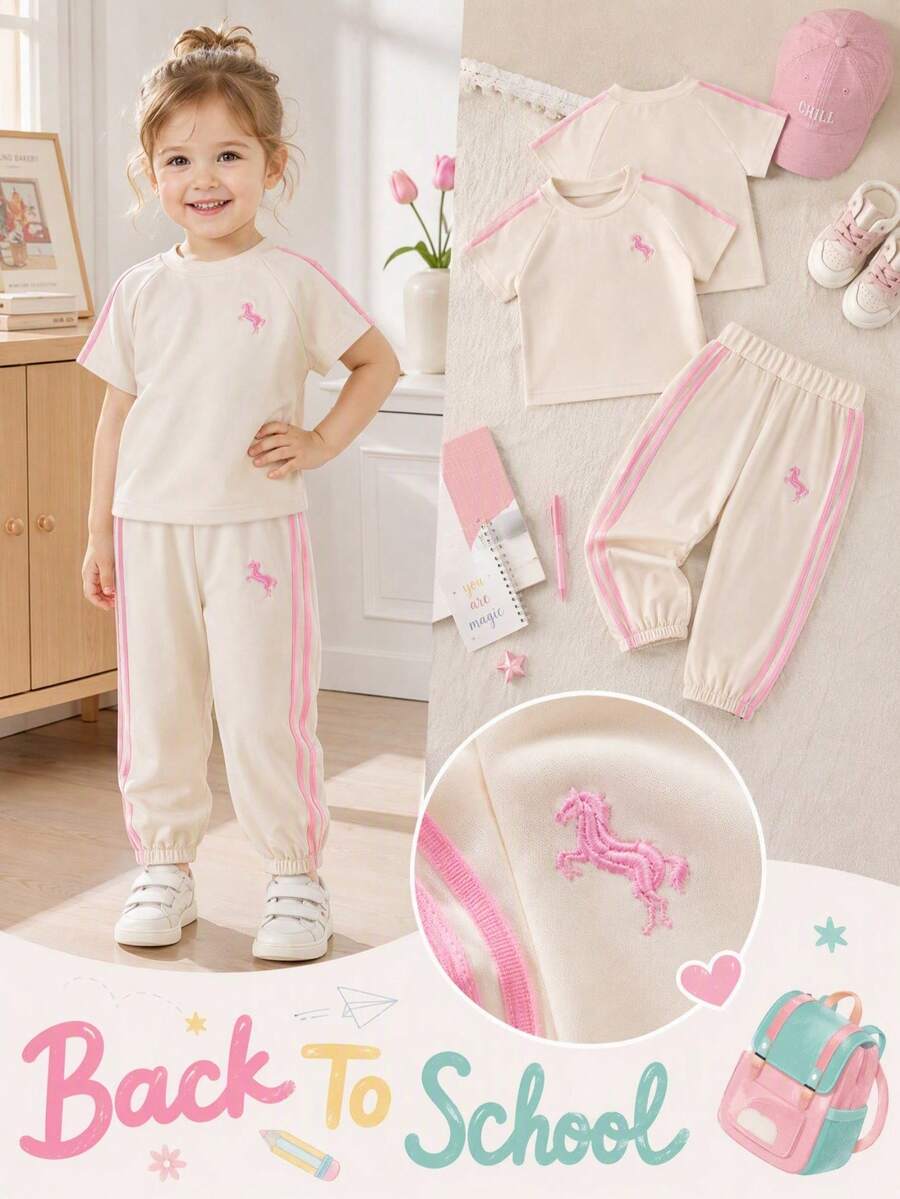 SHEIN 2件組 黑粉色夏季休閒度假運動日常刺繡女嬰套裝 - 粉色 - 查看 1