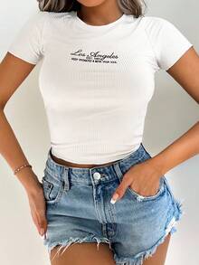 EURMUSE Letter Graphic Ribbed Knit Tee - White - View 4
