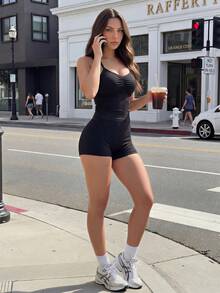 Gameset SHEIN Sport Women's Ruched Casual Versatile Daily Wear Spaghetti Strap Sports Tank Top - Black - View 7