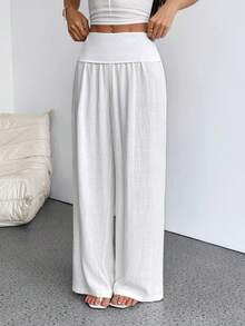 SHEIN PETITE 女款休閒純色低腰寬腿長褲 - 白色 - 查看 3