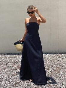 Livesso Bandeau Slim Fit Solid Color Split Line Women's Denim Dress - Dark Wash - View 5