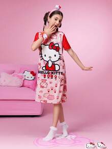 HELLO KITTY AND FRIENDS | SHEIN 少女聯名款卡通印花粉色甜美居家休閒洋裝 - 紅色 - 查看 8